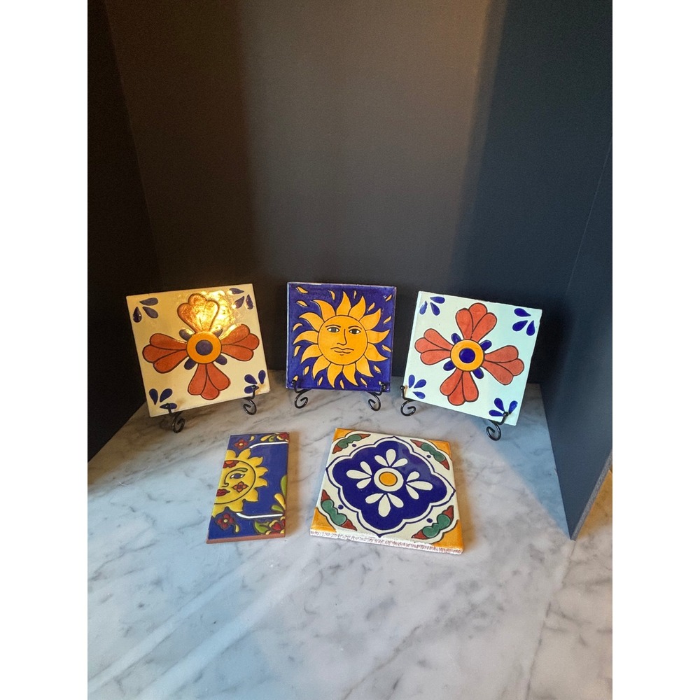 Mexican Talavera Ceramic Tiles Hand Painted Sun Floral Terracotta Set of 5